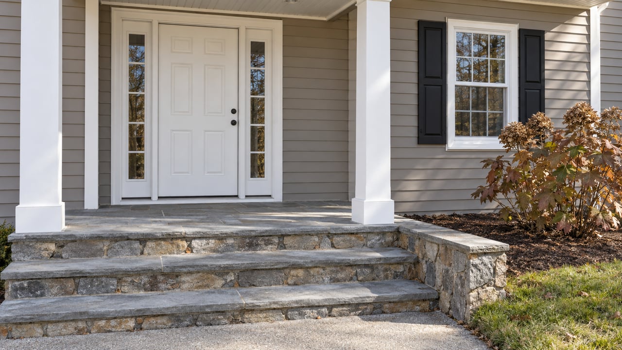 Taupe-sided home entry with a white door and paired sidelights, bluestone steps, and russet oakleaf hydrangea beside a low stone retaining edge.