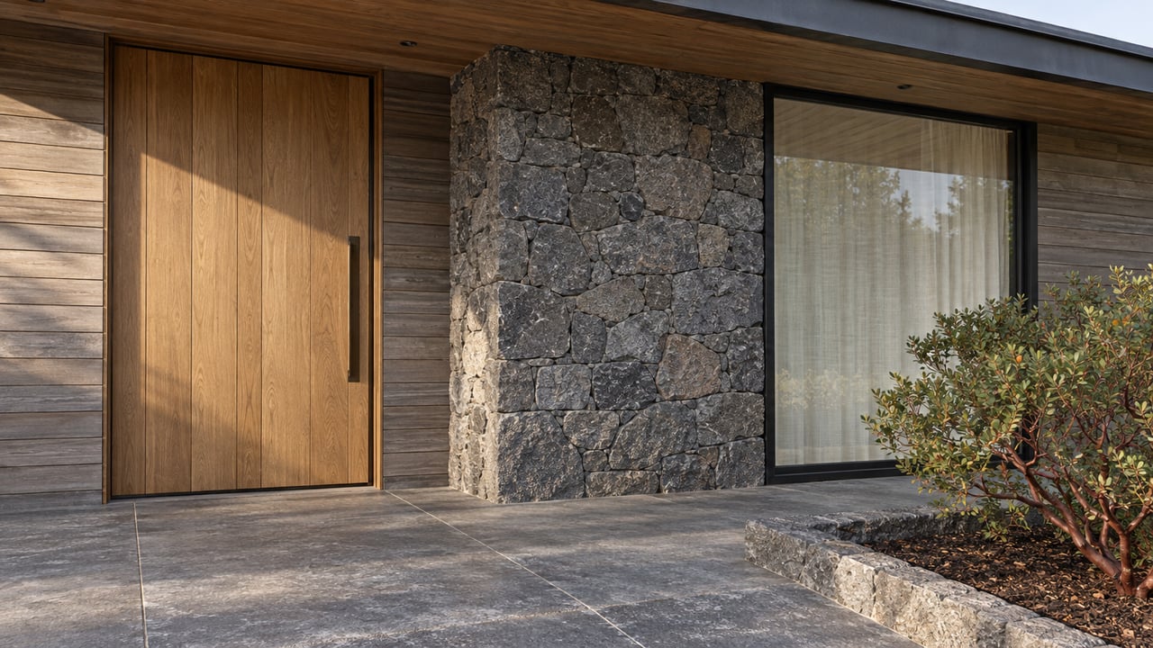 Morning light on an oak front door, volcanic-stone pier, and sheltered timber soffit above a charcoal concrete entry landing.