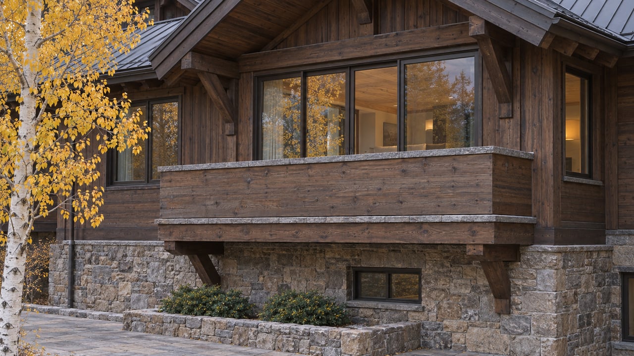 Alpine condominium with cedar-clad balcony, stone base, and golden aspen beside the facade.