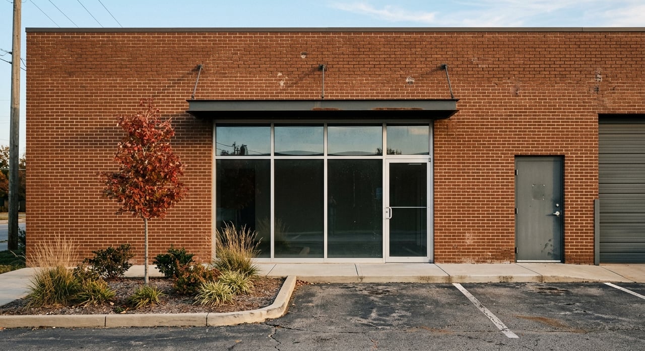 Brick business storefront with glass entry, blue-gray canopy, service doors, parking stalls, and planted island.