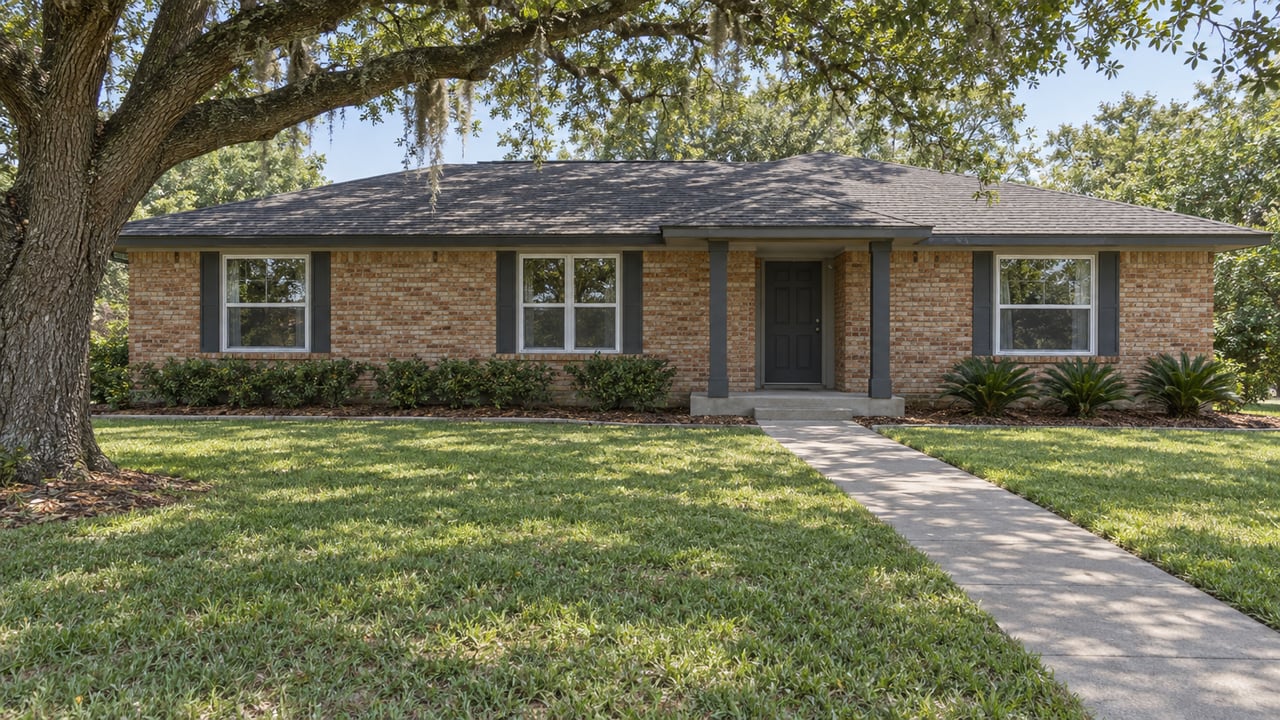 Low brick ranch with charcoal roof beyond a deep lawn, a concrete entry walk and a spreading live oak.