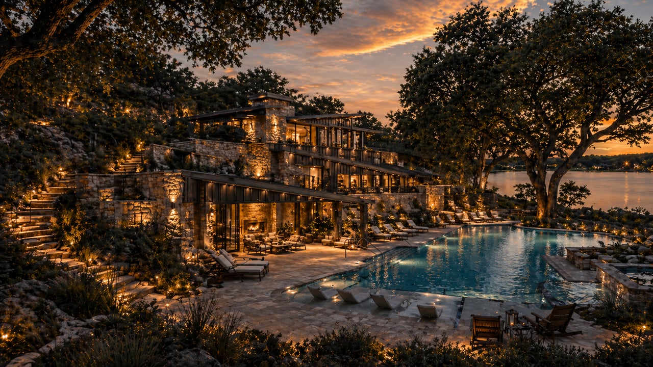 Modern stone-and-glass lakeside home with an illuminated pool and terraces at dusk.