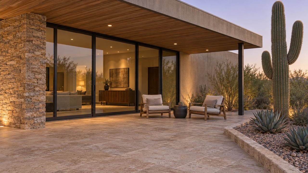 A sheltered stone terrace with teak chairs, warm wood soffits, closed glass doors, and sculptural desert plants at twilight.