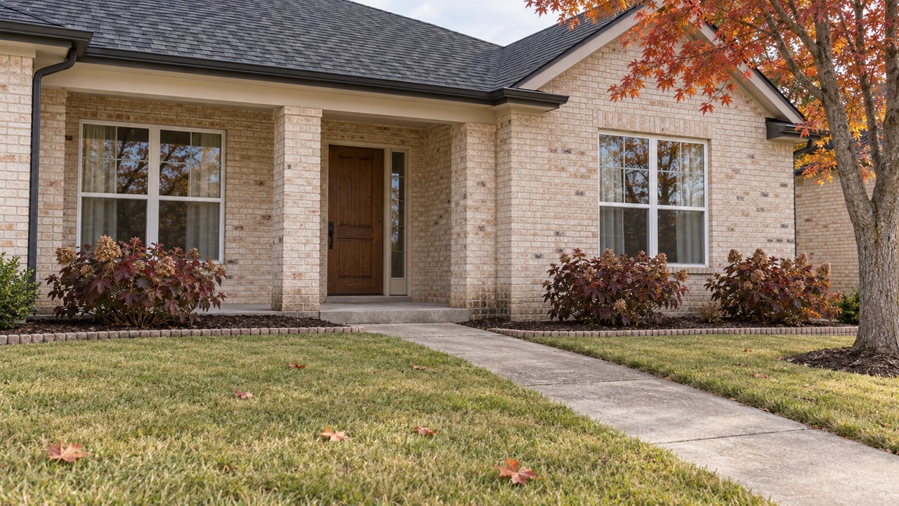 Light brick single-story home with a recessed oak entry, broad autumn lawn, red maple, and oakleaf hydrangeas.