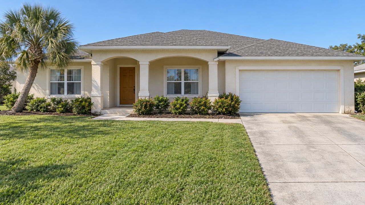 Single-story off-white stucco home with an arched porch, gray shingle roof, broad green lawn and a curved-trunk palm.