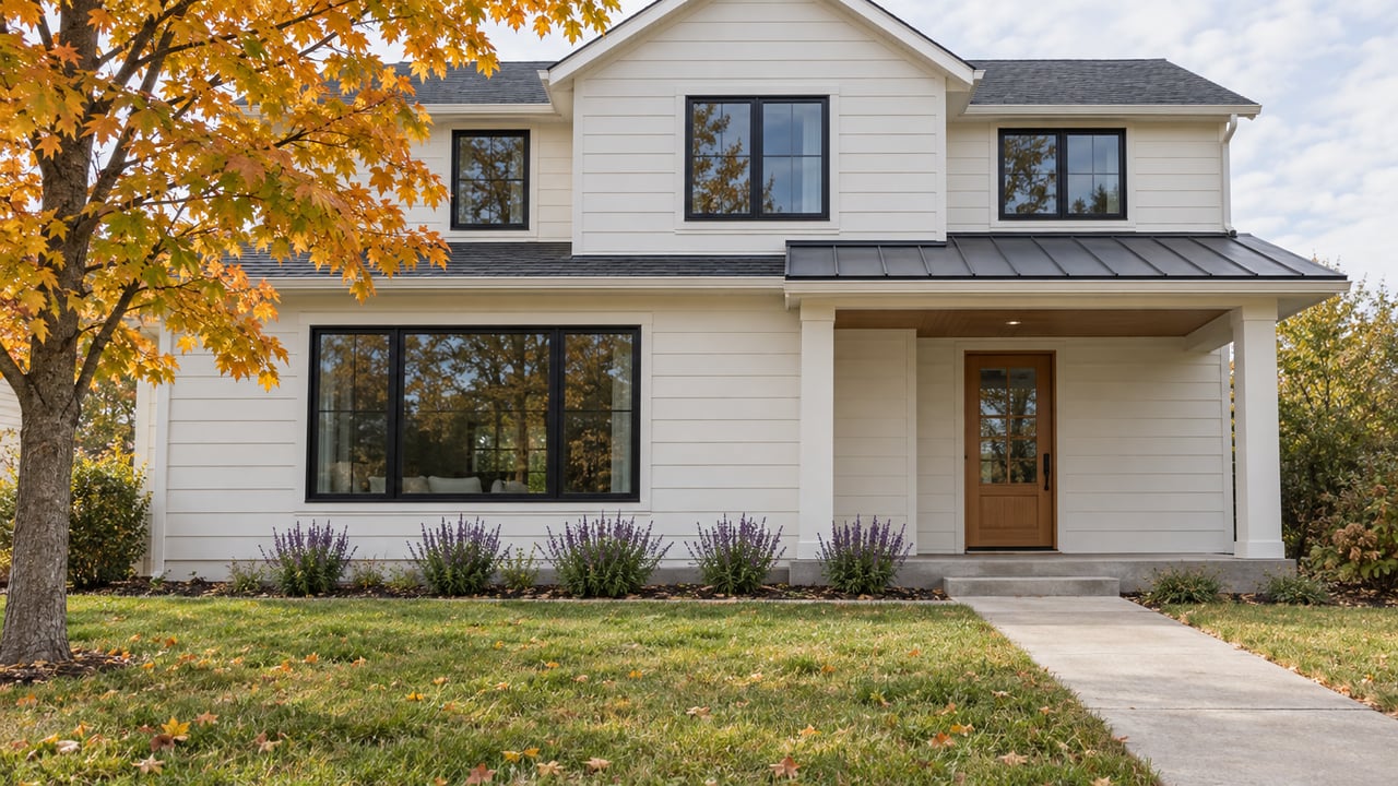 White gabled home with black-framed windows, a covered entry and an autumn maple beside a deep front lawn.
