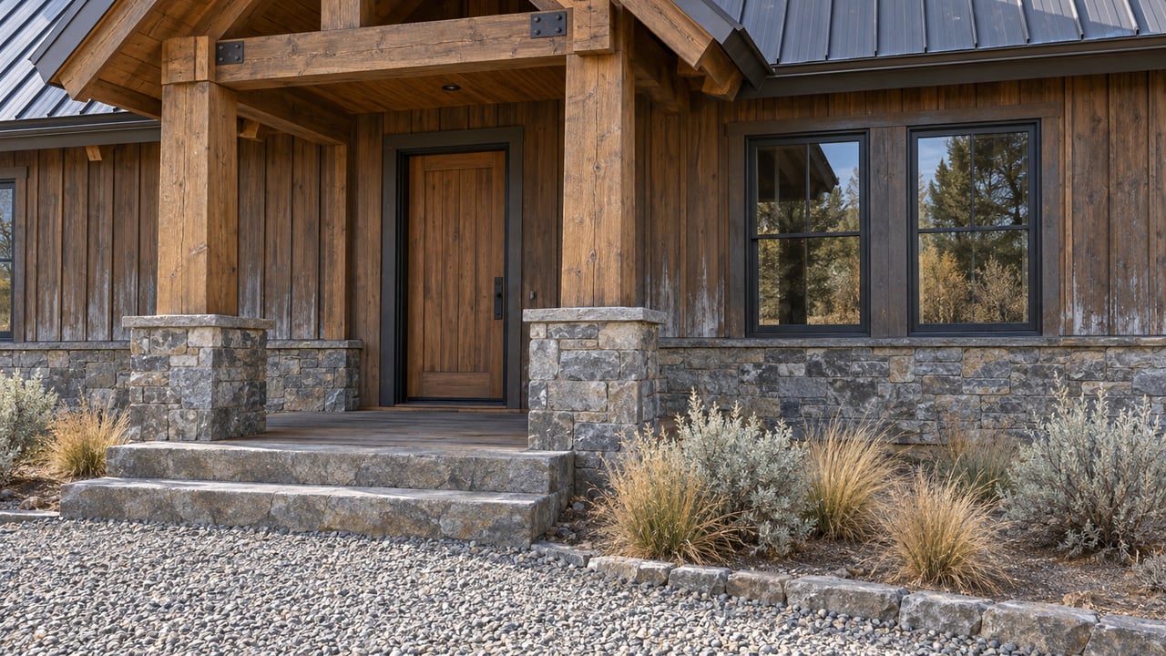 Timber-and-stone home entry with a covered porch, broad stone steps and silver sagebrush in autumn light.