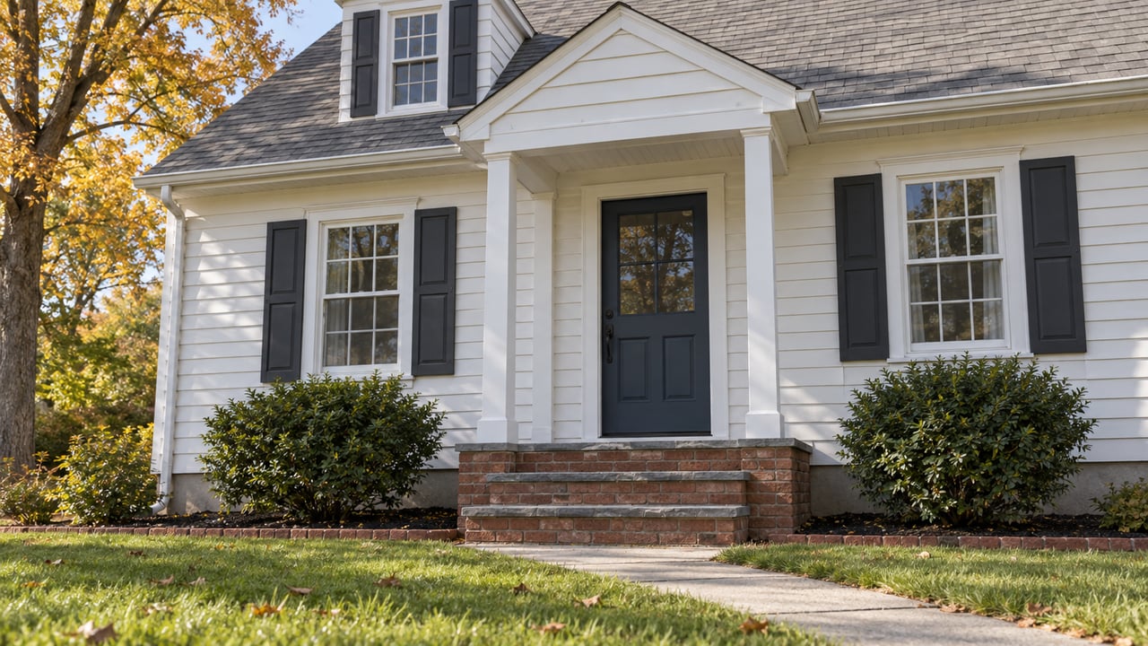 White clapboard home with a covered brick entry, blue door, divided-light windows and an autumn maple beside the lawn.