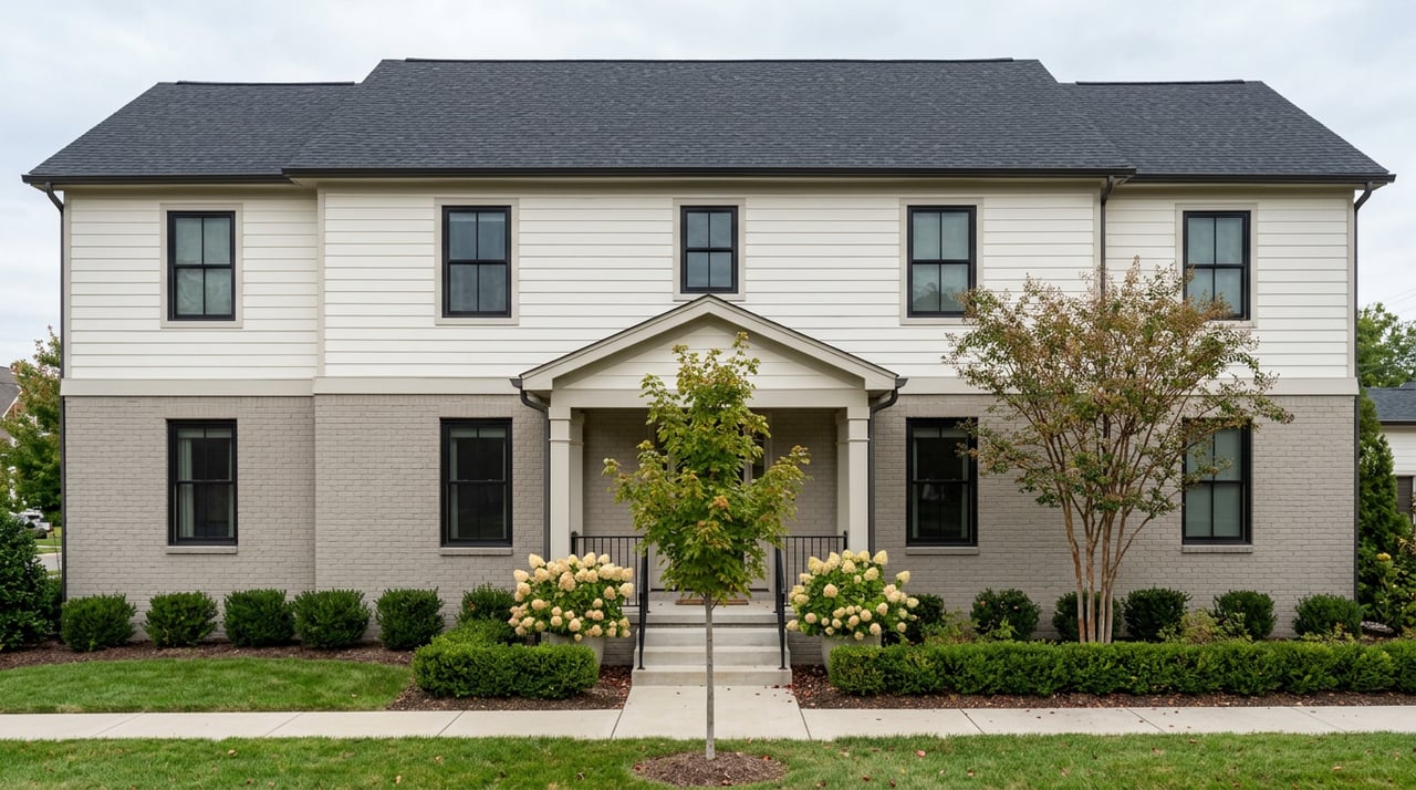 Two-story home with gray brick, white siding, black-framed windows, and hydrangeas flanking the porch steps.