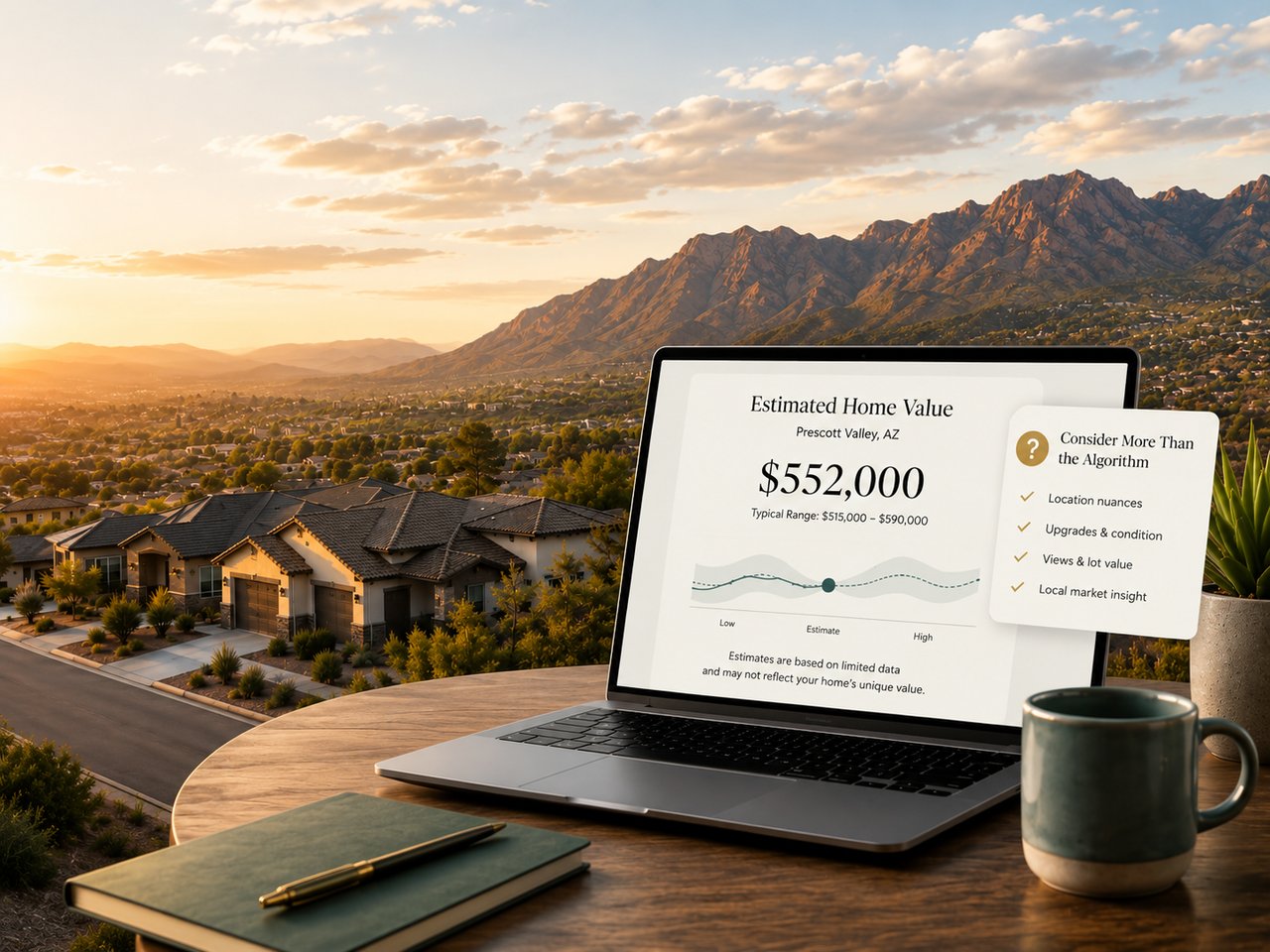 Prescott Valley homes and mountains with online estimate graphic showing why home values need local review--