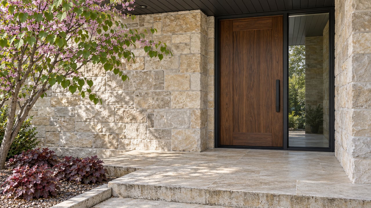 Walnut entry door with black-framed sidelight beside buff limestone veneer and a redbud tree.