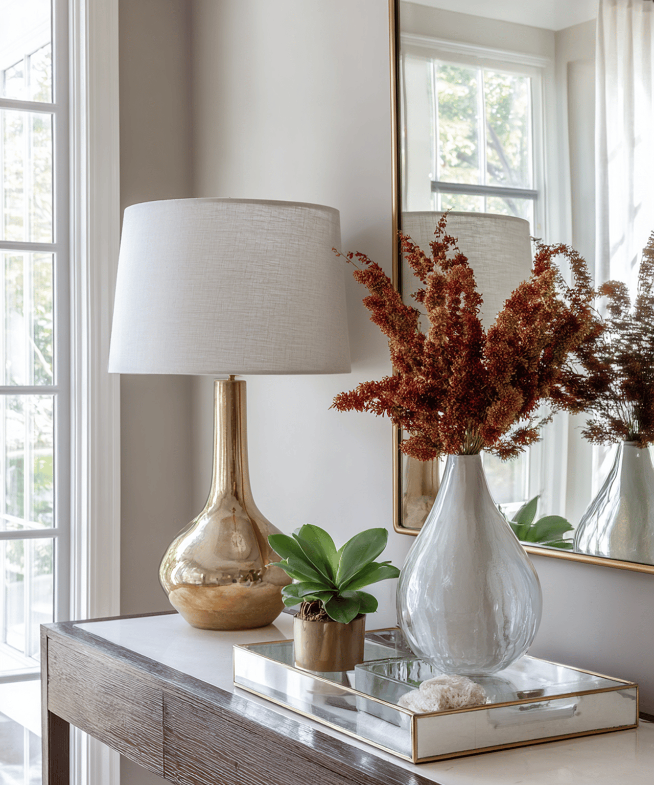Staged console table with a gold-toned lamp, white vases, greenery, and a large mirror beside tall windows.
