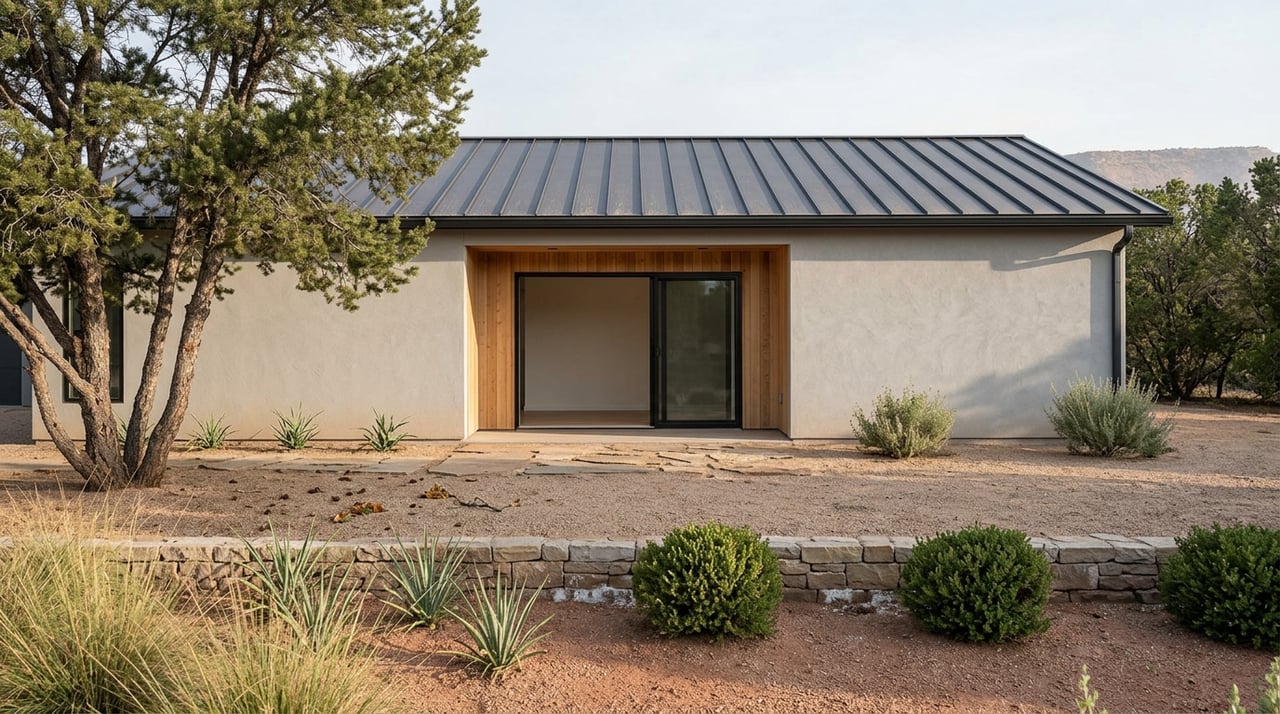Single-story stucco home beyond a gravel yard and fieldstone wall, shaded by a pinyon pine beneath a hazy ridge.