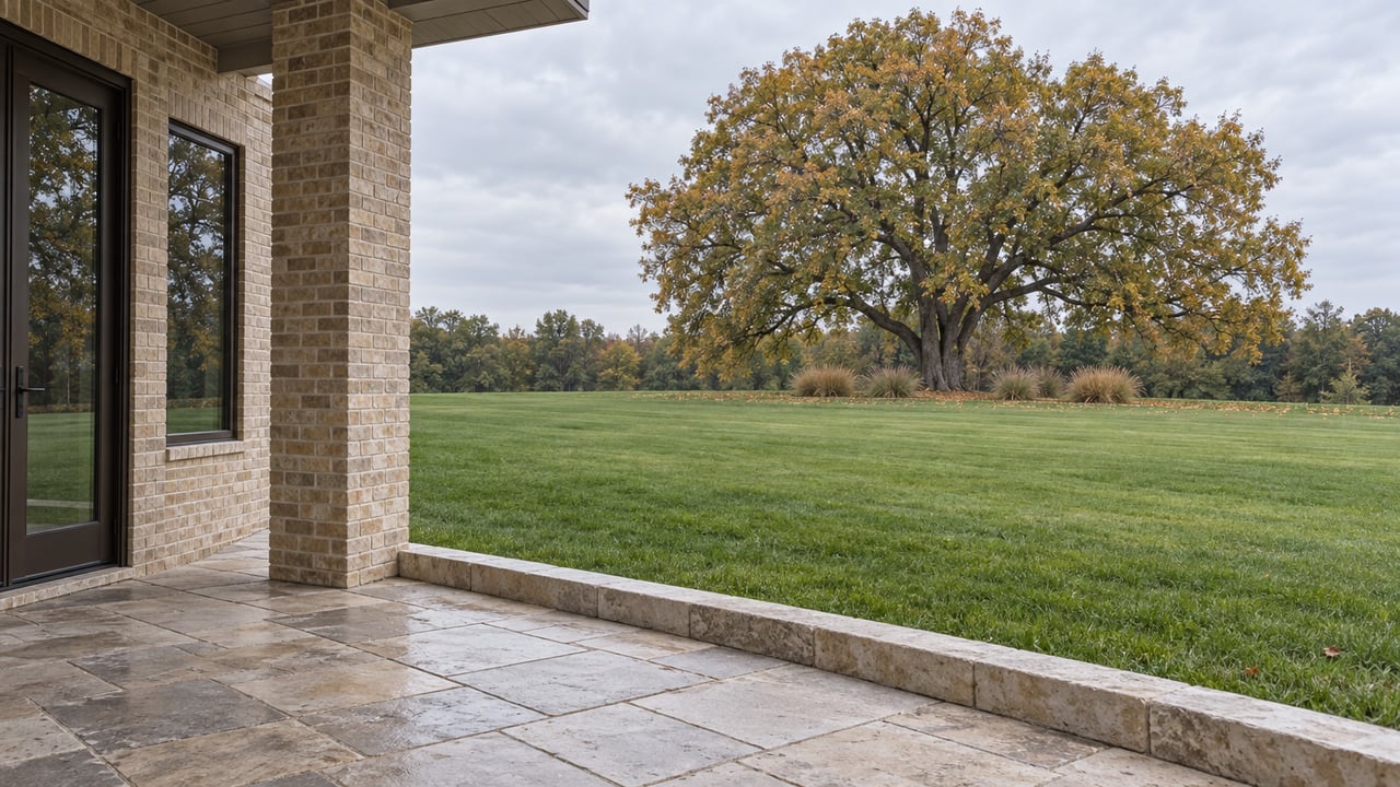Brick terrace overlooking a broad lawn, with a mature bur oak and amber leaves beneath an overcast sky.