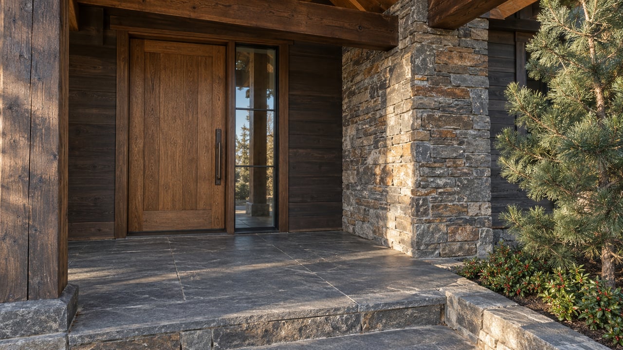 Afternoon light grazes a timber-covered stone entry with an oak door, bronze hardware and a small limber pine.