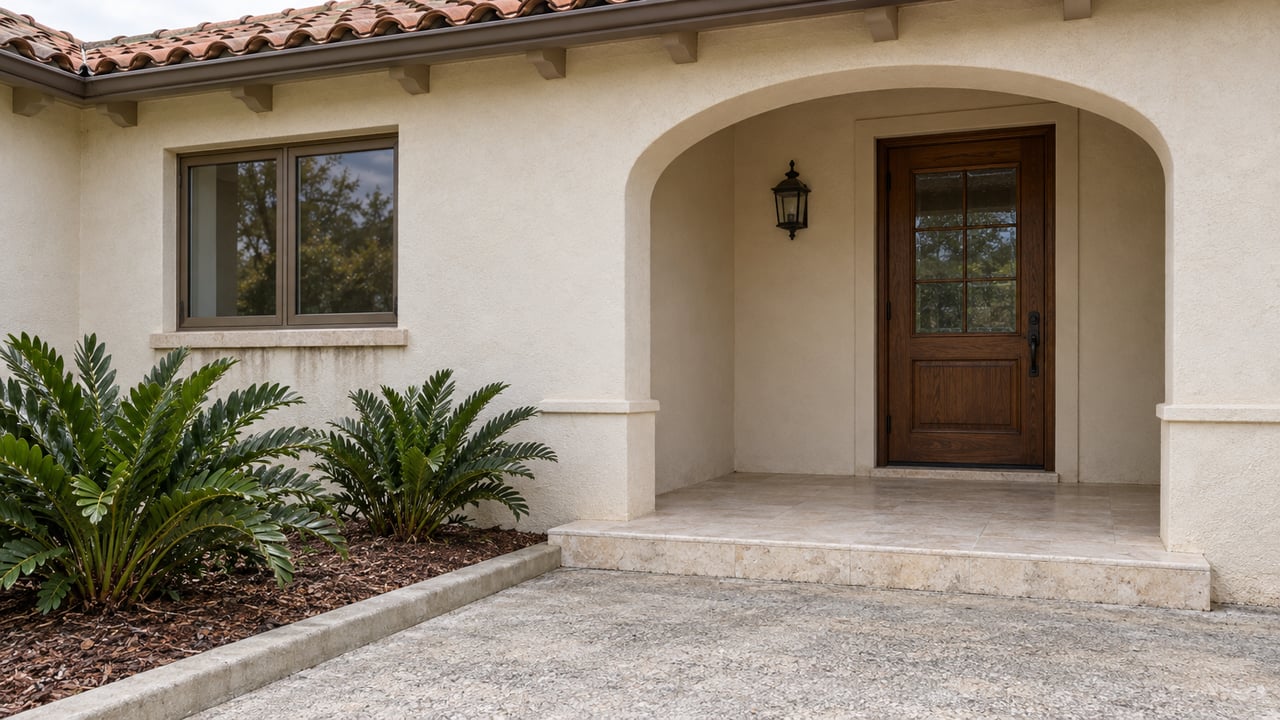 Creamy stucco home with a terracotta roof, deep arched porch, closed wood-and-glass entry door and two coontie plants beside a pale concrete approach.