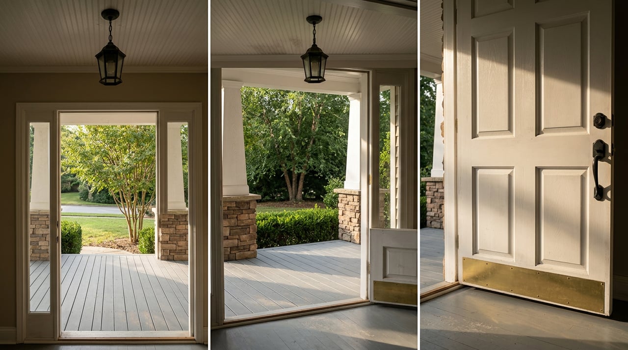 Open white paneled entry door framing a covered porch with gray floorboards, white columns, and a planted yard.