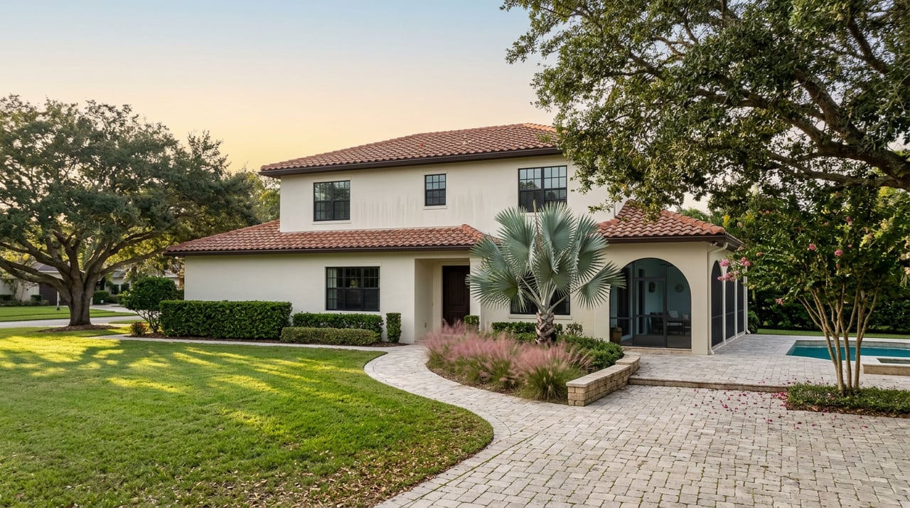 Two-story stucco home with a terracotta tile roof, curved paver walk, live oak, and silver-blue palm.