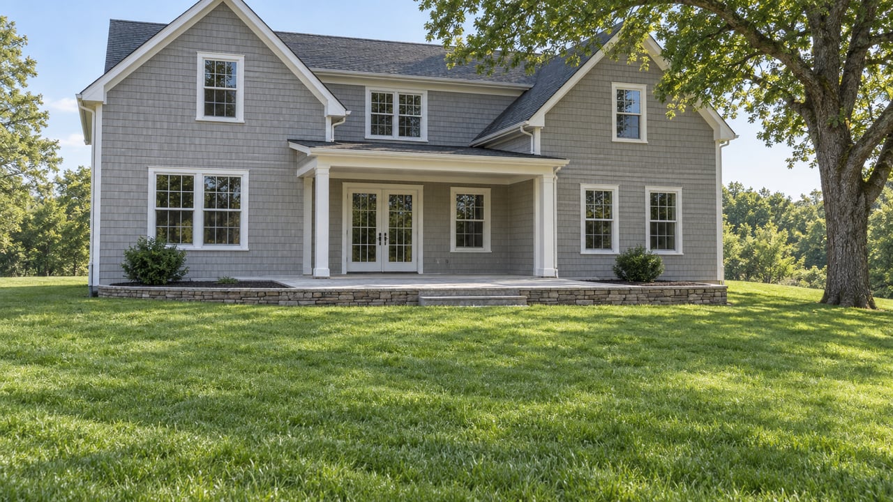 Rear lawn slopes toward a gray shingle house, with a stone-edged terrace, white oak, and inkberry shrubs.