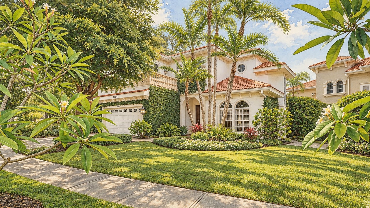 Mediterranean-style home with red tile roof, arched windows and tropical landscaping.