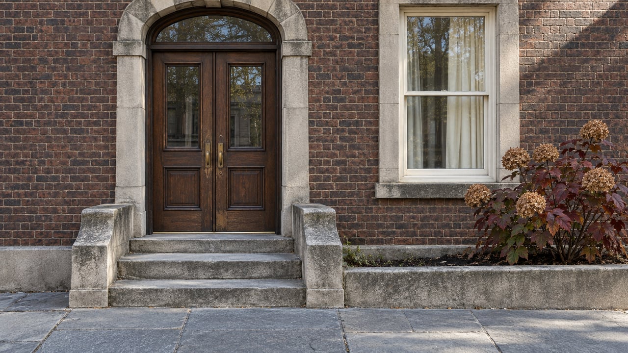 A dark oak double entrance beneath a limestone arch, with worn stone steps, russet brick and burgundy oakleaf hydrangea foliage.