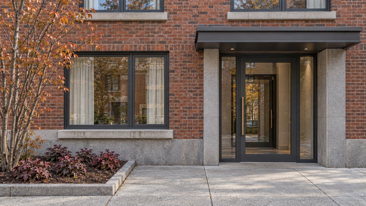 Red-brick apartment entrance with charcoal-framed glazing, stone trim and a small autumn planting bed beside a concrete sidewalk.