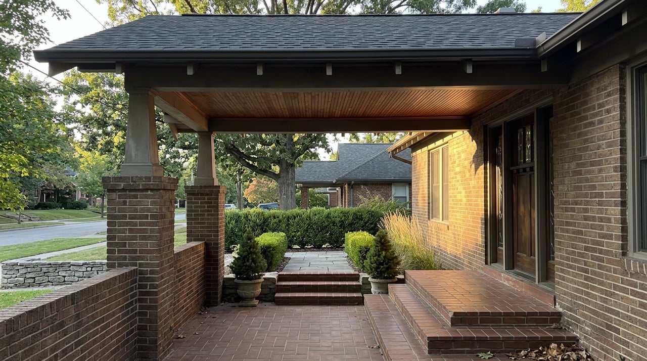 Brick porch with fir ceiling, dark-stained door, brick steps, clipped hedge, and mature oak beyond.