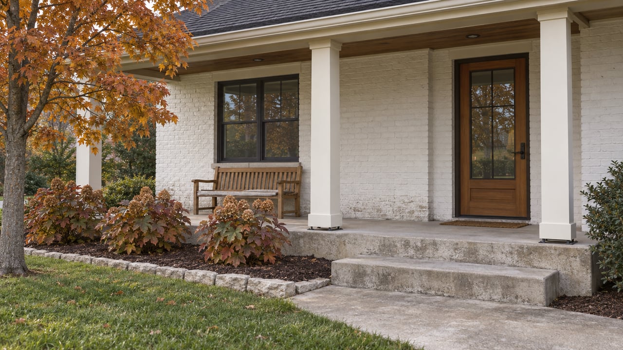 White-painted brick home with a covered porch, timber bench, concrete steps, and copper-colored autumn planting.