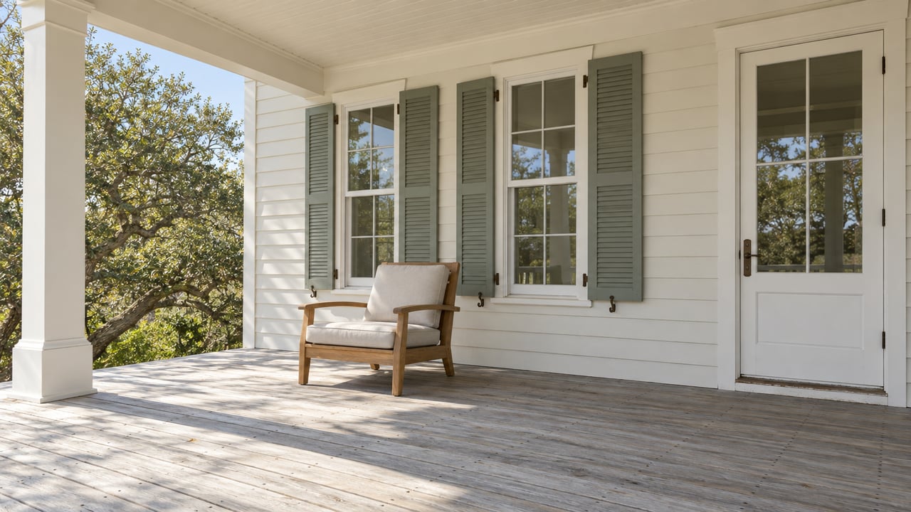 Sunlit coastal veranda with ivory siding, shuttered windows, silver-gray decking and a teak lounge chair.