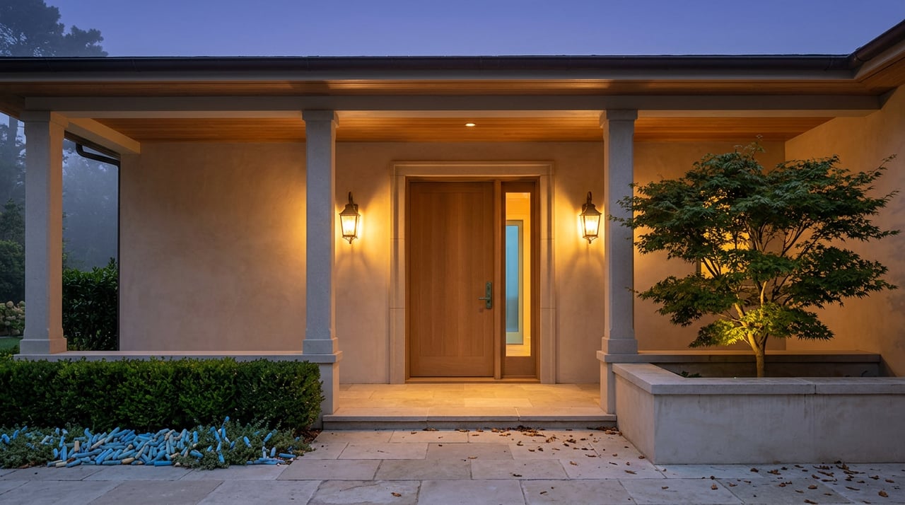 Coastal home entry with an oak door, stone columns, glowing sconces, and a fringe tree at dusk.