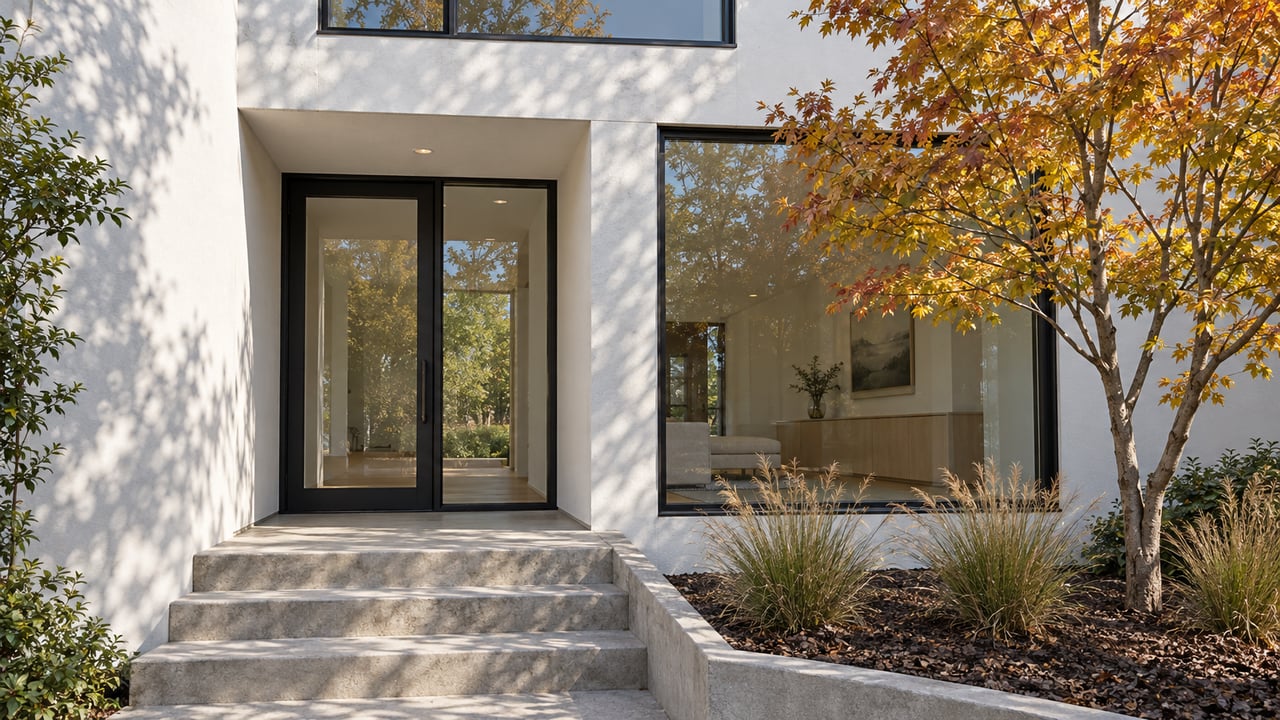 Modern white-stucco home with black-framed windows, concrete entry steps, and a maple turning gold beside the approach.
