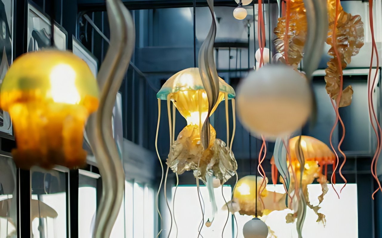 A vibrant light installation featuring glass jellyfish-shaped lamps with luminous glow, creating a magical atmosphere.