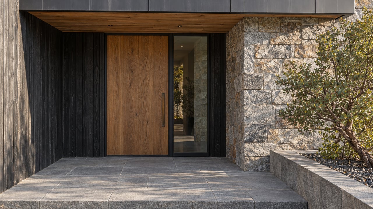 Recessed timber entrance with a glazed sidelight, textured granite pier and a single curl-leaf mountain mahogany in a raised stone bed.