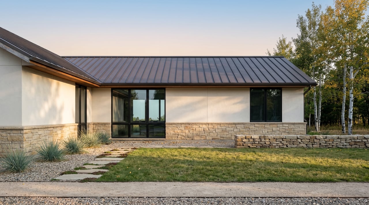 Contemporary house with a sandstone base and metal roof, fronted by gravel, flagstones, grasses, and open lawn.