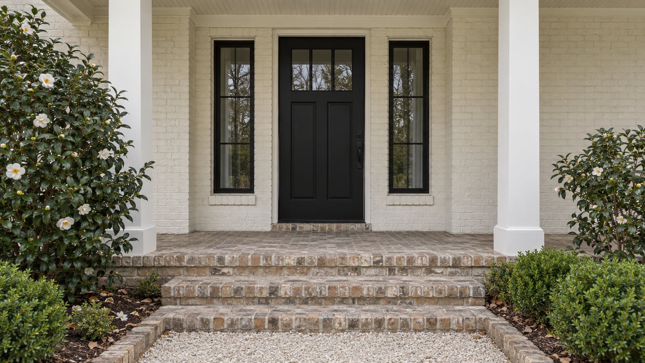 Cream-painted brick house entrance with a black door, brick steps, shell path, and camellias.