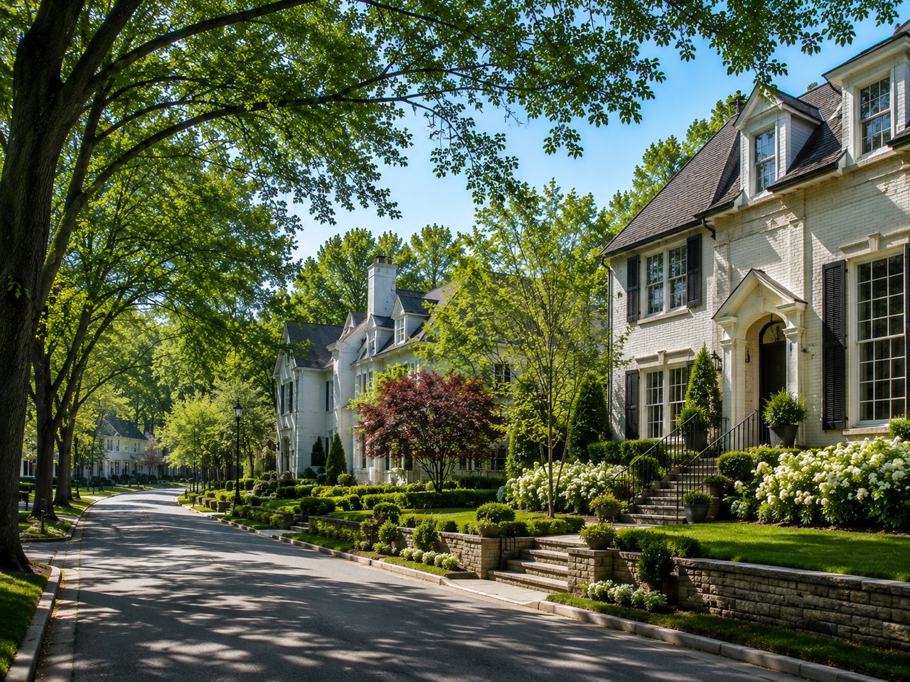 Luxury homes along a peaceful tree-lined street in Forest Hills, Tennessee, featuring elegant architecture, mature trees, spacious lots, and beautifully manicured landscaping.
