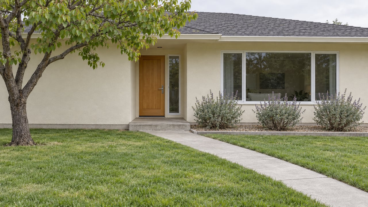 Cream-stucco single-story home with a recessed wood entry, broad window and concrete walk across a deep lawn.
