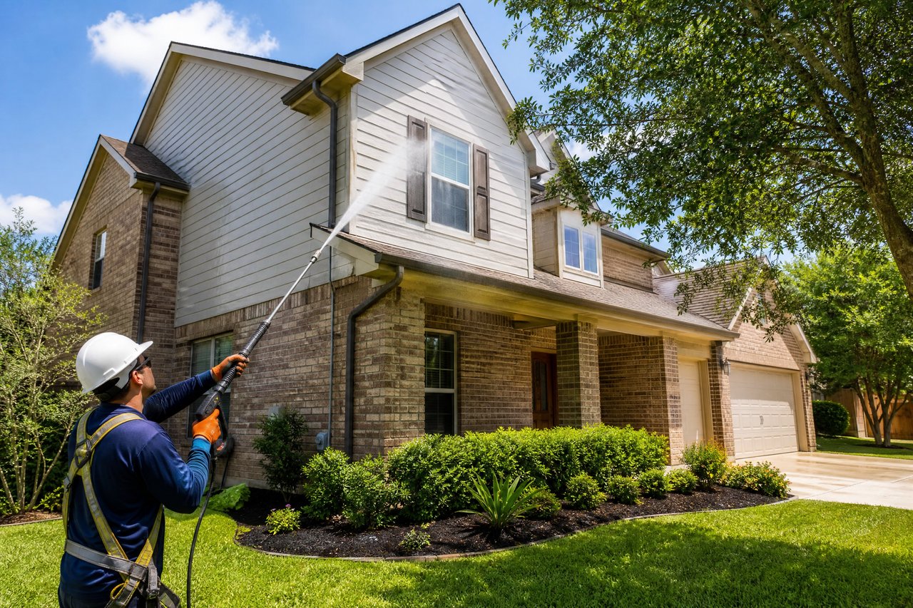 Two-story brick-and-siding home as a worker pressure-washes its exterior beside landscaped shrubs.