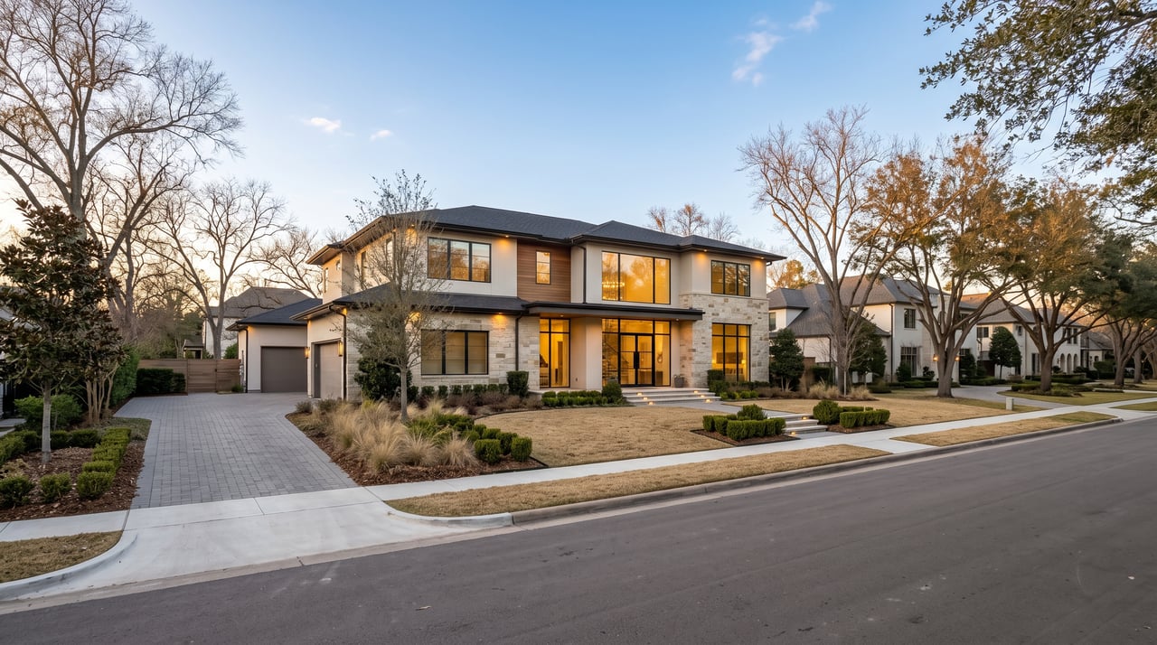 Modern two-story home with stone accents, a paved driveway, and landscaped front yard.