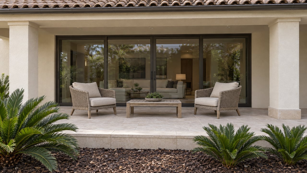 Cream stucco home with a tiled roof, covered terrace, woven chairs and closed bronze-framed sliding doors beside coontie planting.