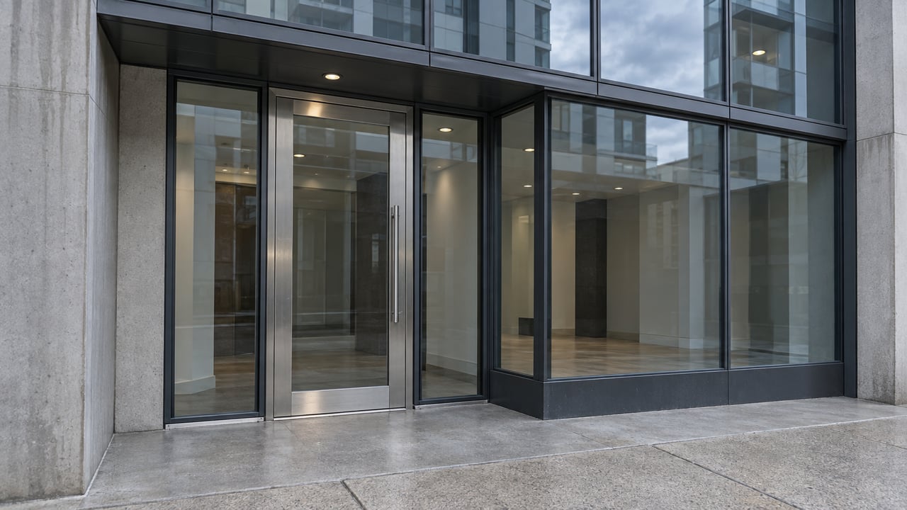 A recessed glass residential entrance beneath blue-gray curtain-wall windows, with brushed steel framing and a worn concrete sidewalk.