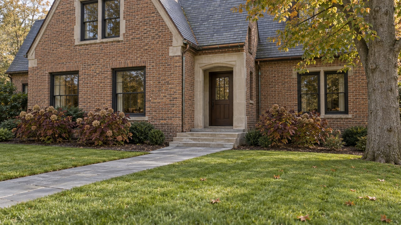 Brick home with a steep slate gable, black sash windows, limestone entrance steps, and a stone path across an autumn lawn.