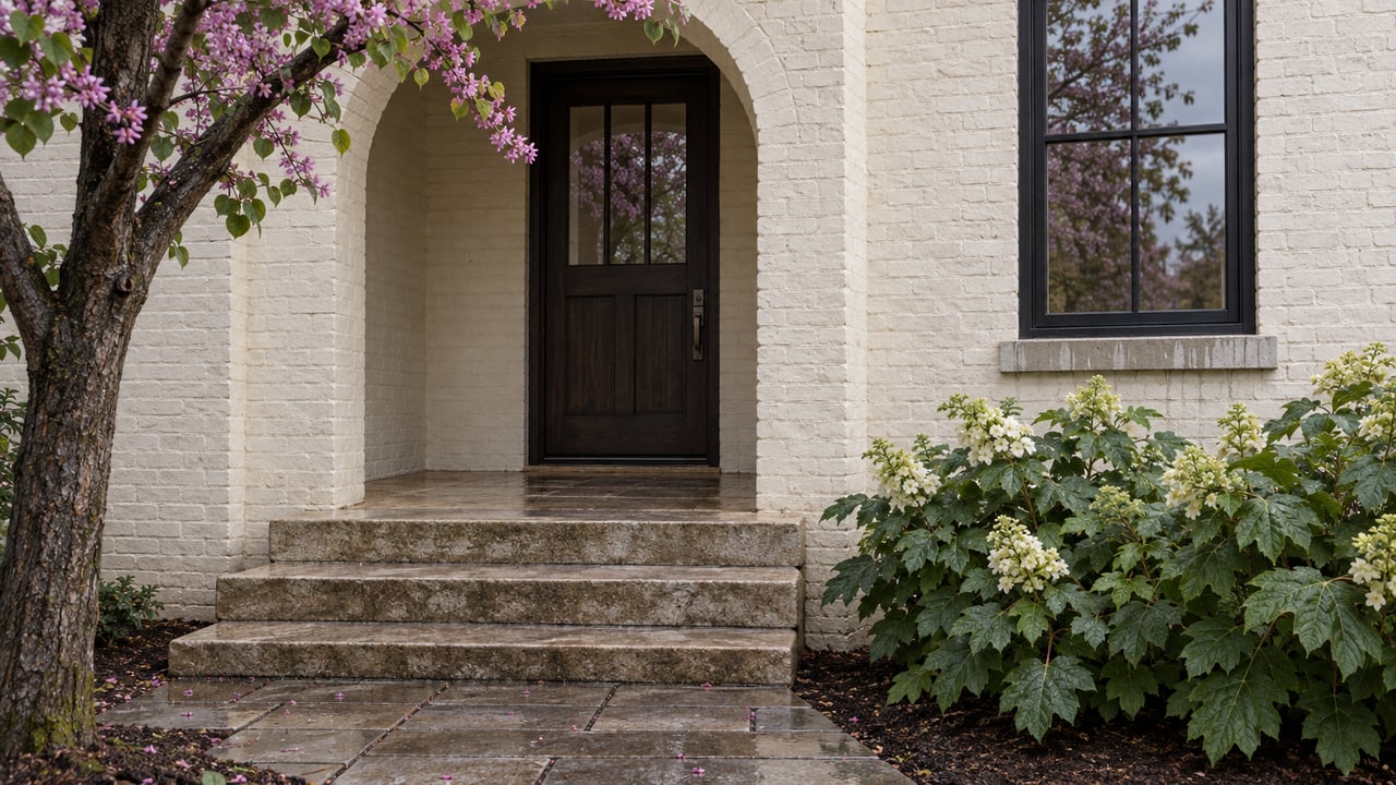Off-white brick entry with a shallow arched porch, dark timber door, limestone steps, and redbud leaves on pavers.