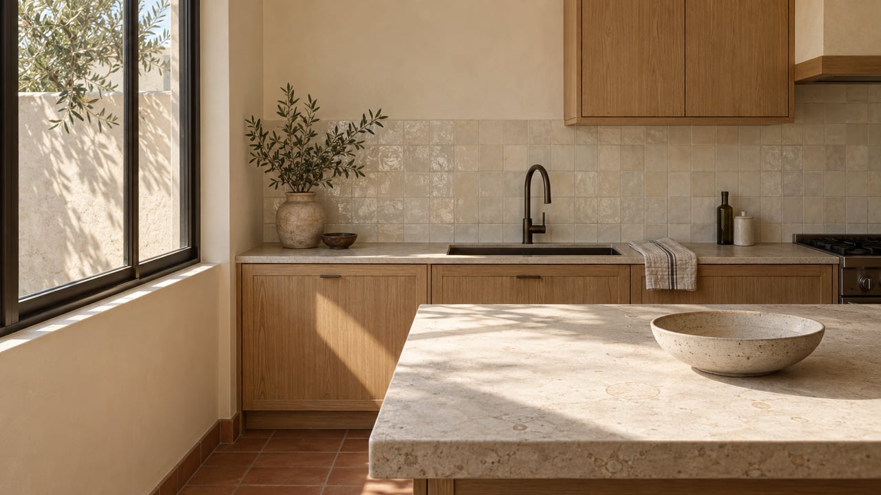 Compact oak kitchen with cream tile, limestone island, bronze faucet, and a sunlit window overlooking a garden wall.