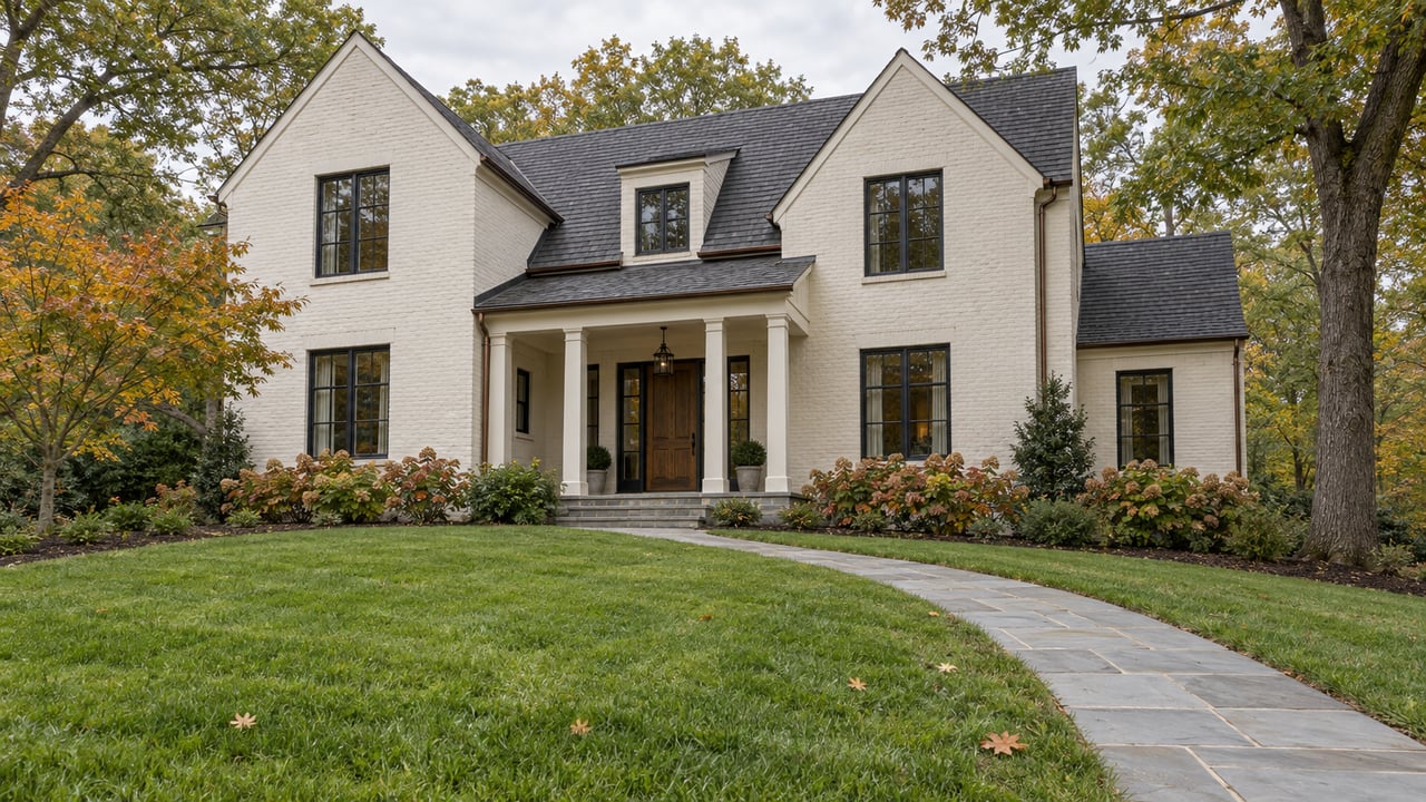Painted-brick home with a covered porch, curved stone walk and deep lawn framed by mature oak trees.