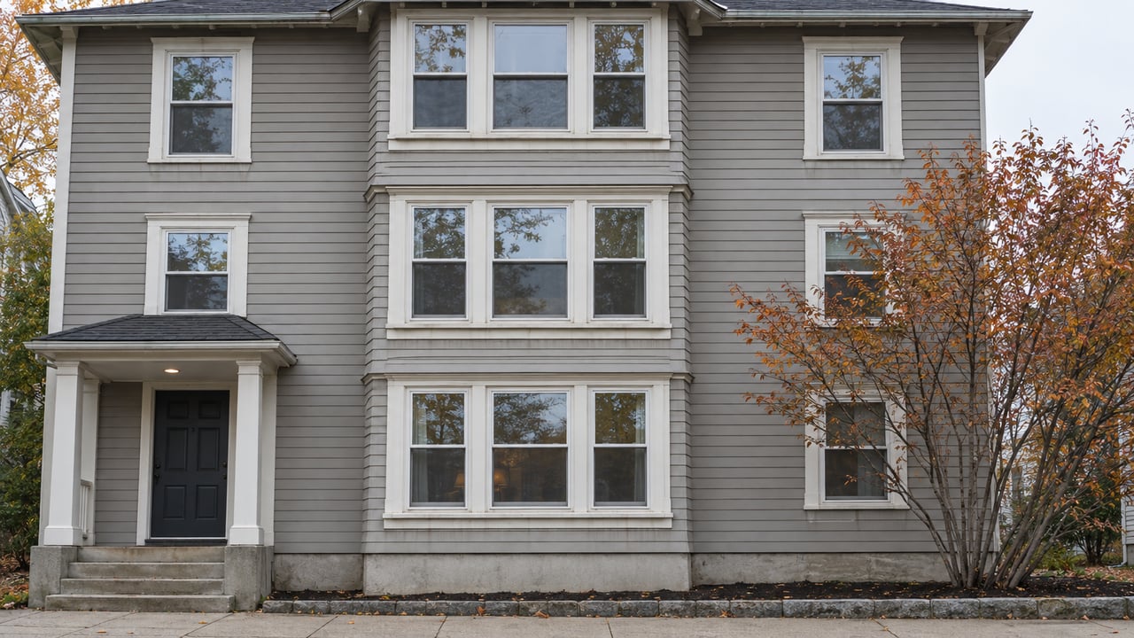 Three-story gray clapboard house with stacked bay windows, a dark front door, and a small autumn tree.