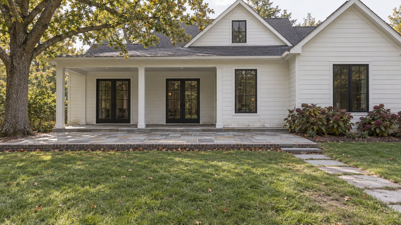 Detached off-white house with black-framed doors, a stone terrace, lawn, and an oak tree.