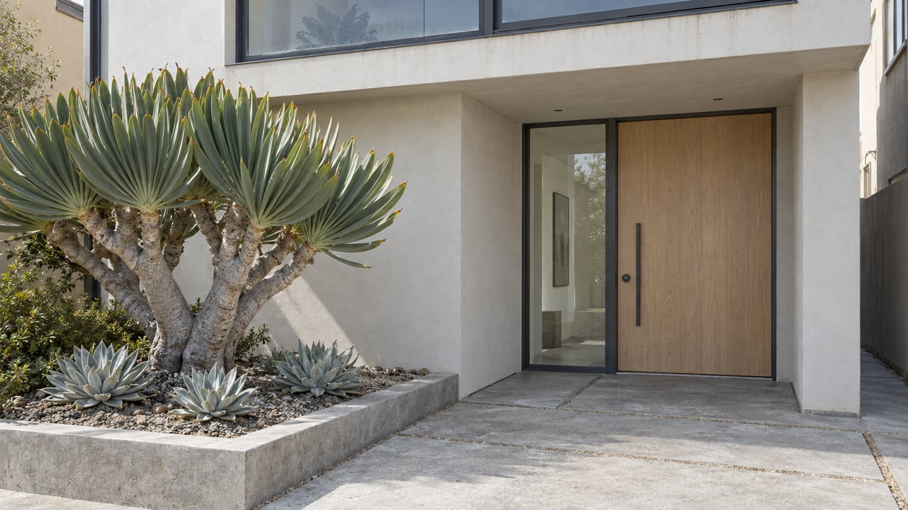 Contemporary home's sheltered oak entrance and tall glass sidelight beside sculptural succulent planting and pale concrete paving.