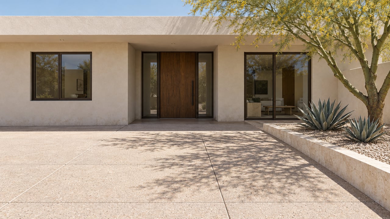 Desert-modern home with recessed walnut door, pale stucco, and a Parkinsonia tree beside the paved approach.