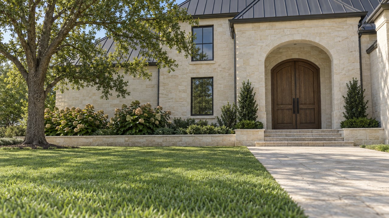 Limestone home with arched oak double doors, black-framed windows, a broad stone approach, and a deep lawn beneath a mature oak.